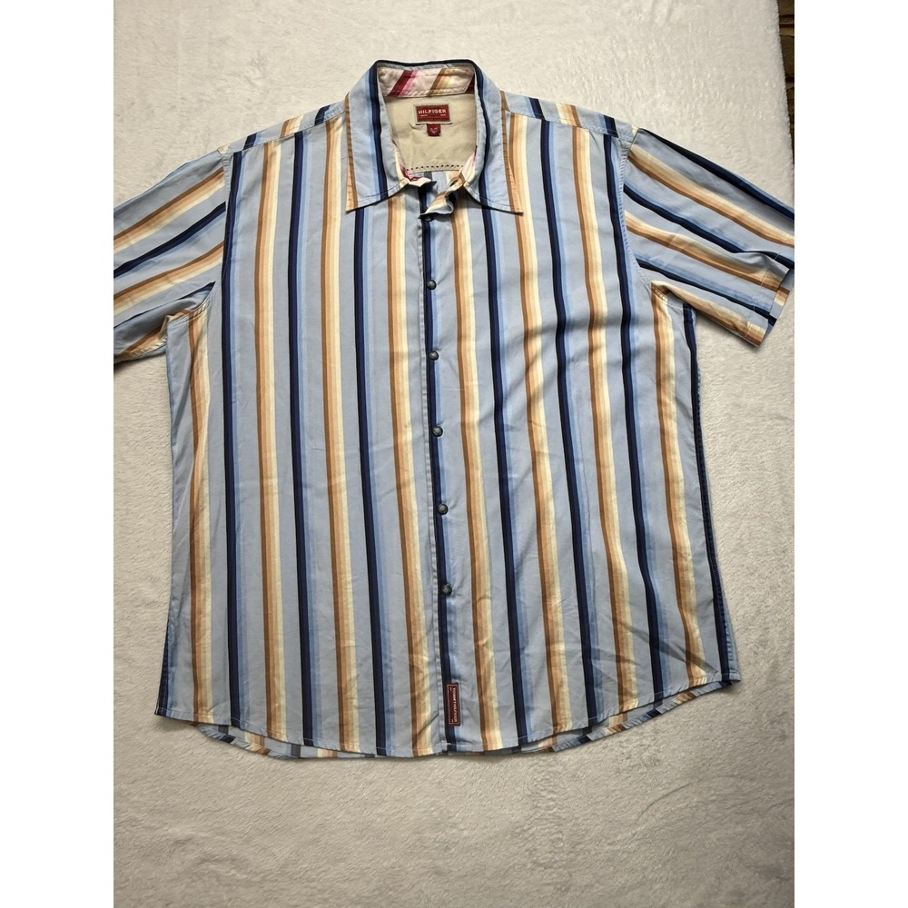 Vintage Tommy Hilfiger Red Label Denim Blue Stripped Men XL Pearl Snap Shirt